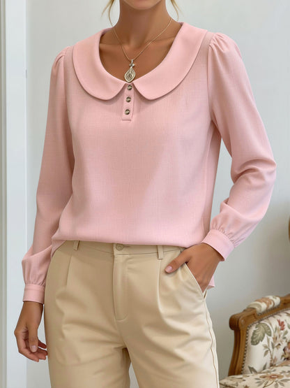 Peter Pan Collar Puff Long Sleeves Solid Color Blouse