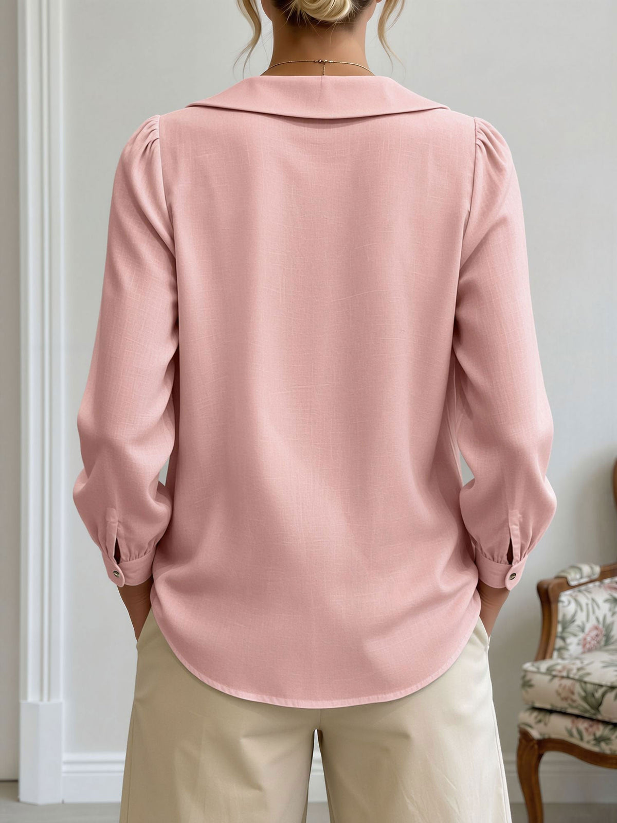 Peter Pan Collar Puff Long Sleeves Solid Color Blouse