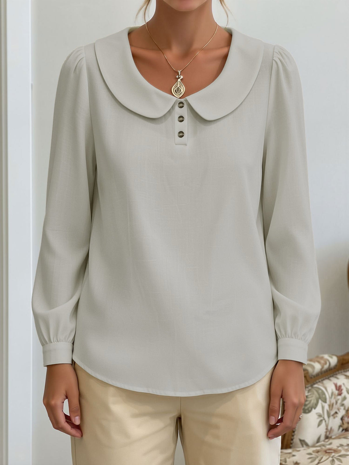 Peter Pan Collar Puff Long Sleeves Solid Color Blouse
