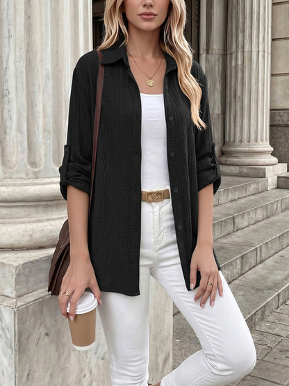 Long Sleeve Button Down Collared Textured Shirt