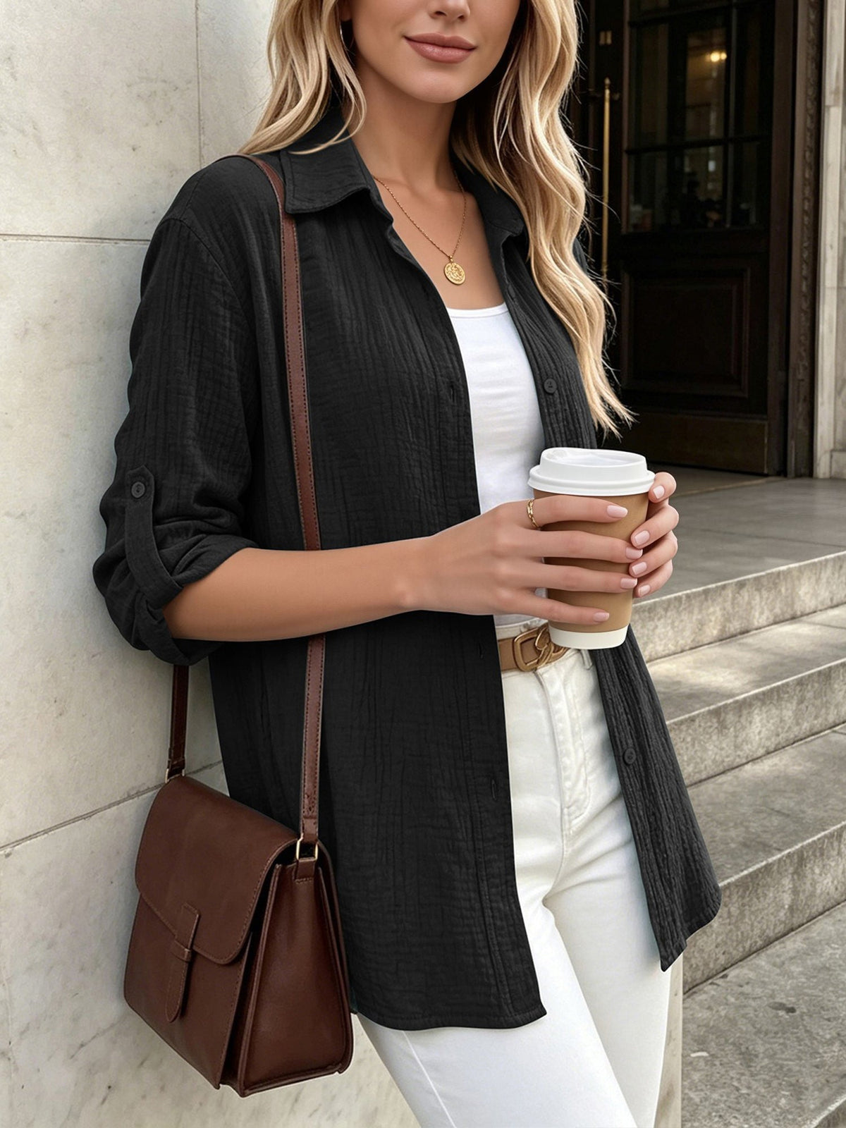 Long Sleeve Button Down Collared Textured Shirt