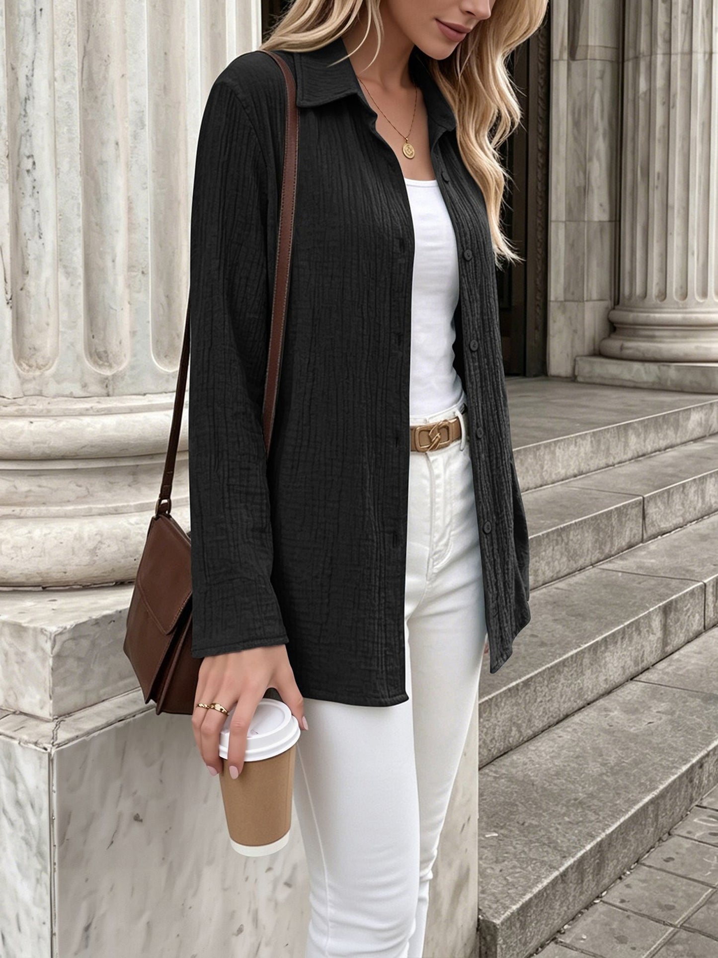 Long Sleeve Button Down Collared Textured Shirt