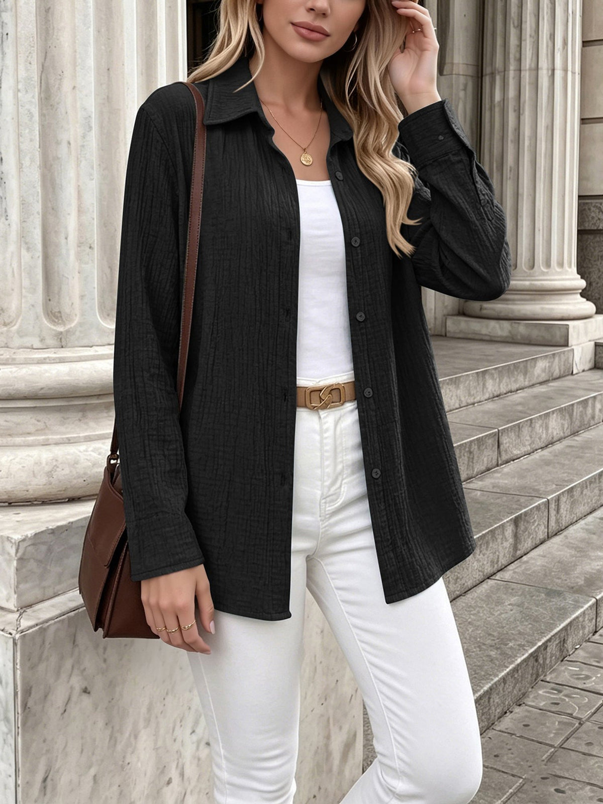 Long Sleeve Button Down Collared Textured Shirt
