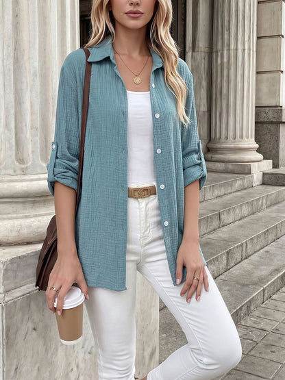 Long Sleeve Button Down Collared Textured Shirt