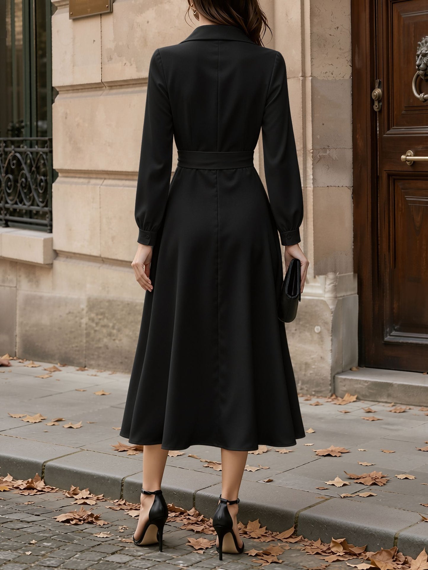 Shawl Collar Long Sleeves Midi A-Line Dress