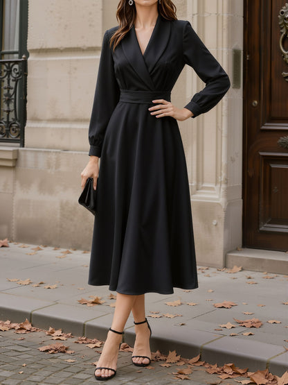 Shawl Collar Long Sleeves Midi A-Line Dress