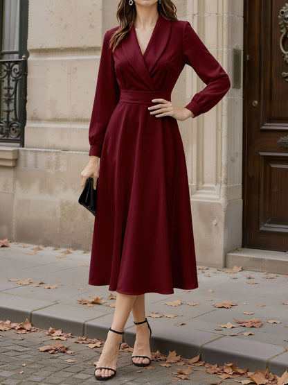 Shawl Collar Long Sleeves Midi A-Line Dress