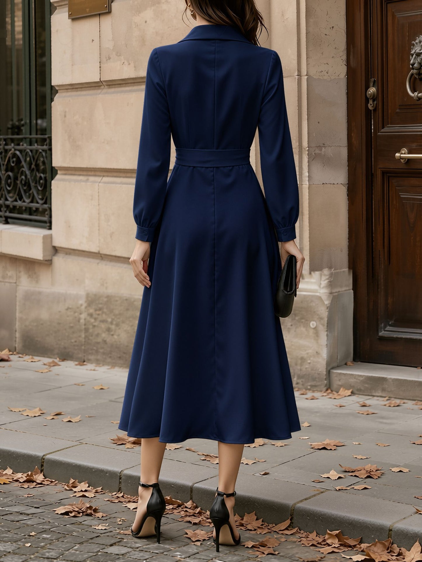 Shawl Collar Long Sleeves Midi A-Line Dress