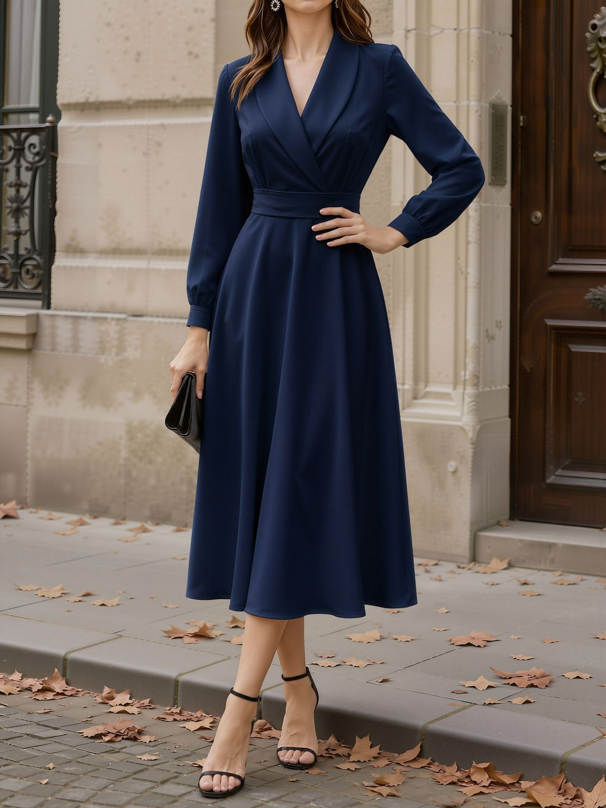 Shawl Collar Long Sleeves Midi A-Line Dress