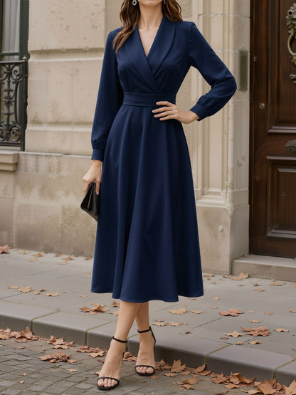 Shawl Collar Long Sleeves Midi A-Line Dress