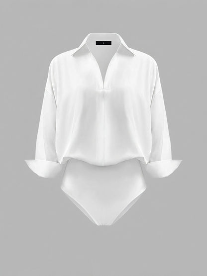Lapel 3/4 Sleeves Solid Color Work Office Bodysuit