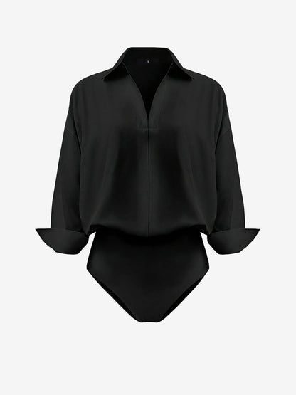 Lapel 3/4 Sleeves Solid Color Work Office Bodysuit
