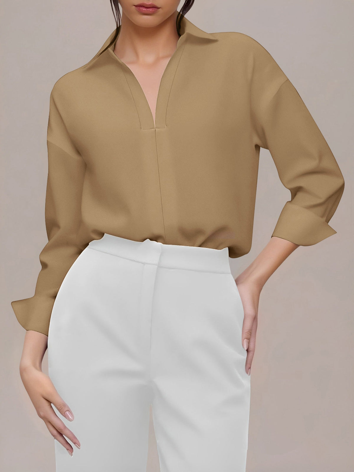Lapel 3/4 Sleeves Solid Color Work Office Bodysuit