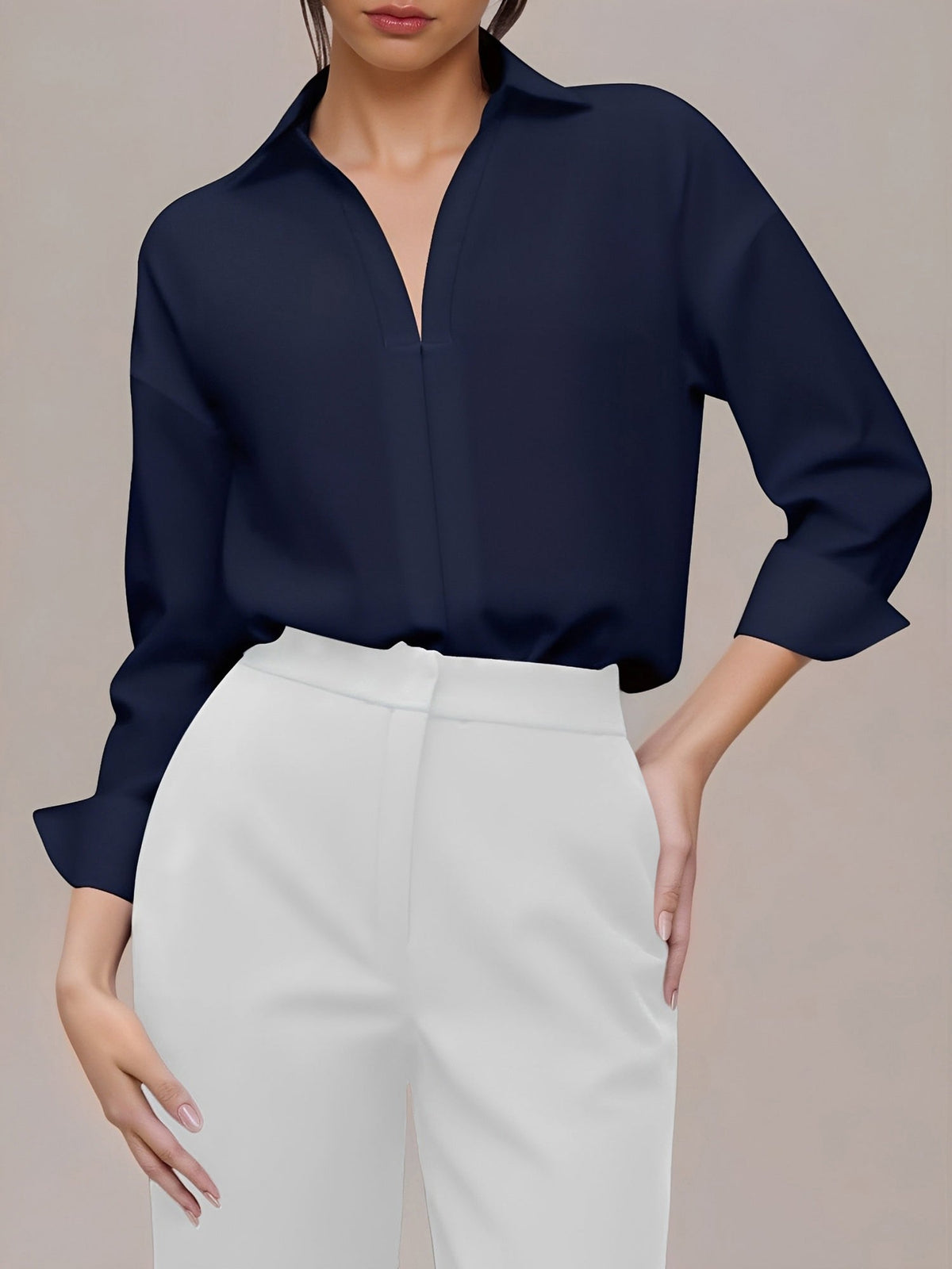 Lapel 3/4 Sleeves Solid Color Work Office Bodysuit