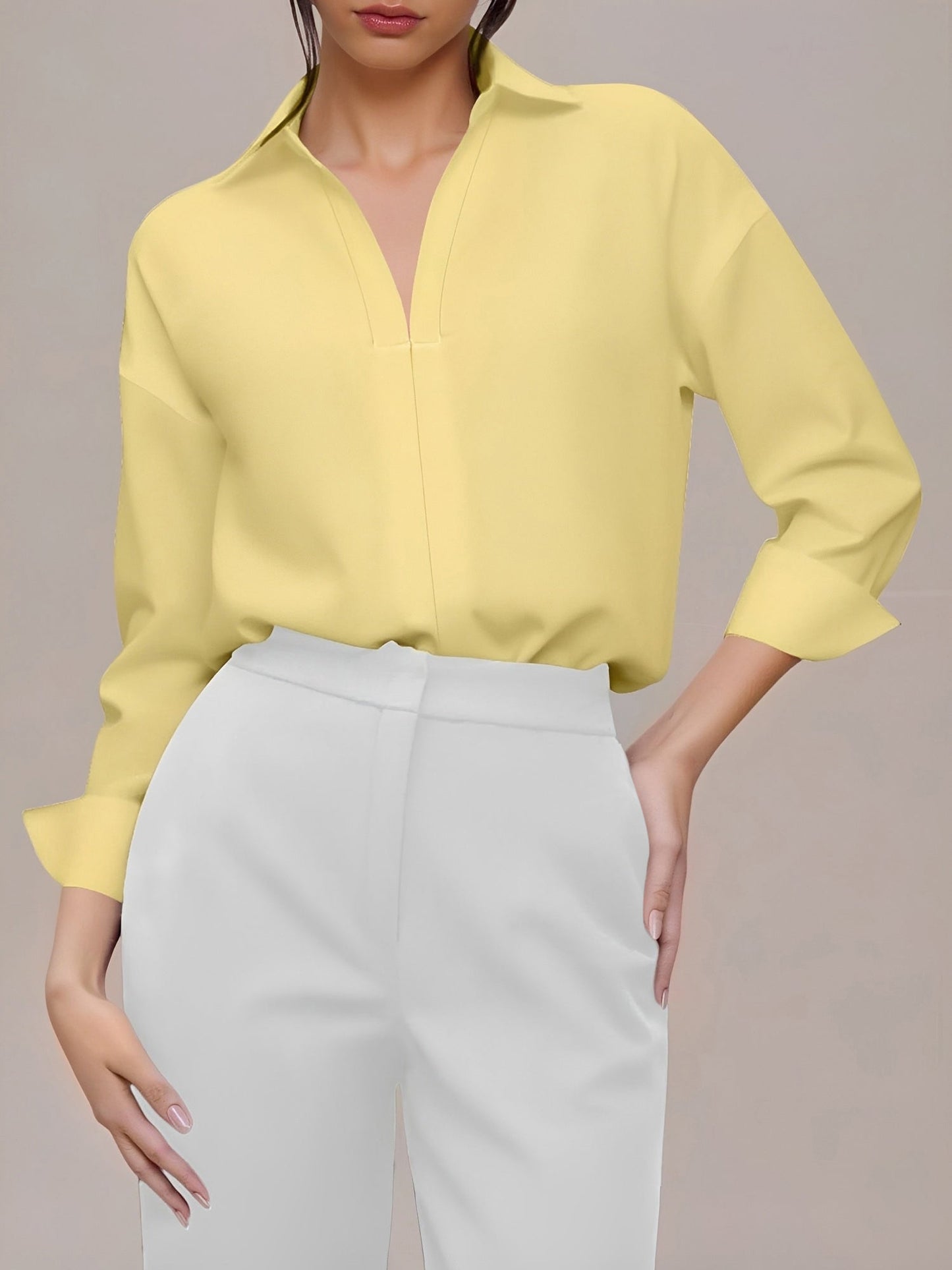 Lapel 3/4 Sleeves Solid Color Work Office Bodysuit