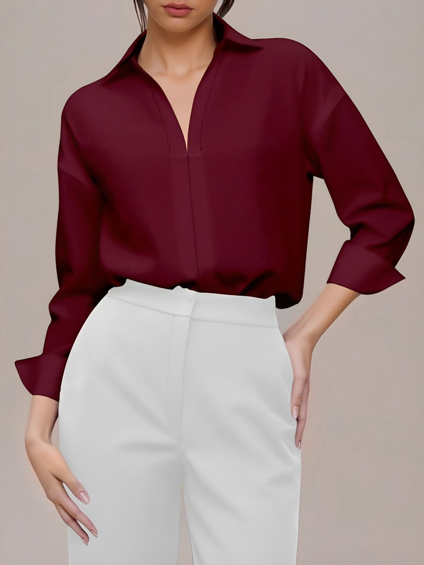 Lapel 3/4 Sleeves Solid Color Work Office Bodysuit