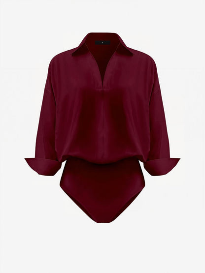 Lapel 3/4 Sleeves Solid Color Work Office Bodysuit