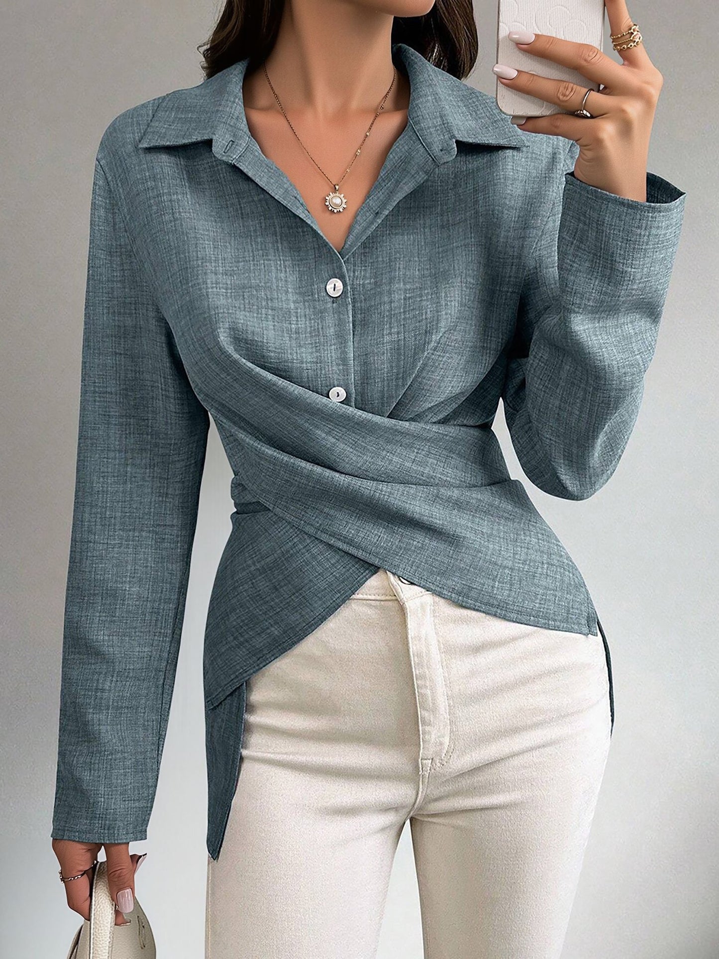 Long Sleeves Slit Criss Crioss Lace-Up Blouse
