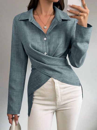 Long Sleeves Slit Criss Crioss Lace-Up Blouse