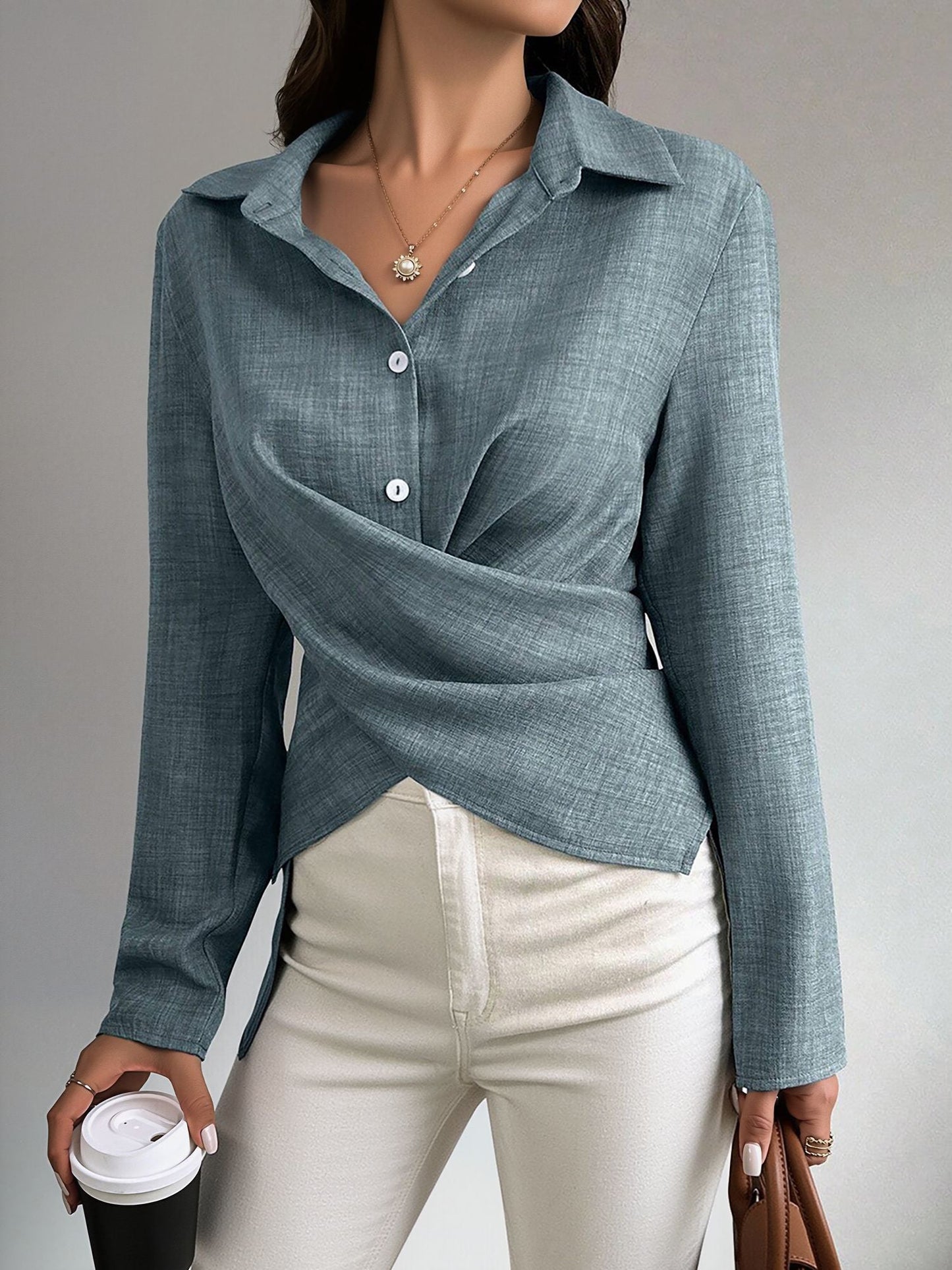 Long Sleeves Slit Criss Crioss Lace-Up Blouse