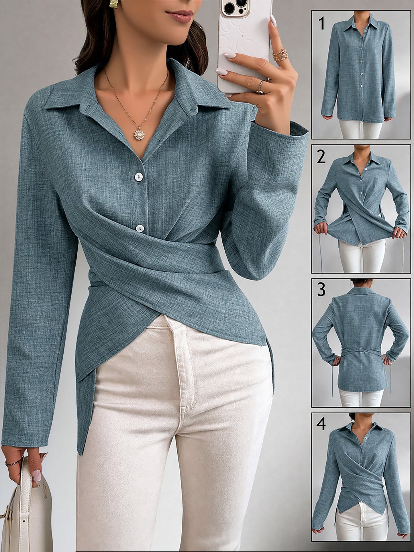 Long Sleeves Slit Criss Crioss Lace-Up Blouse