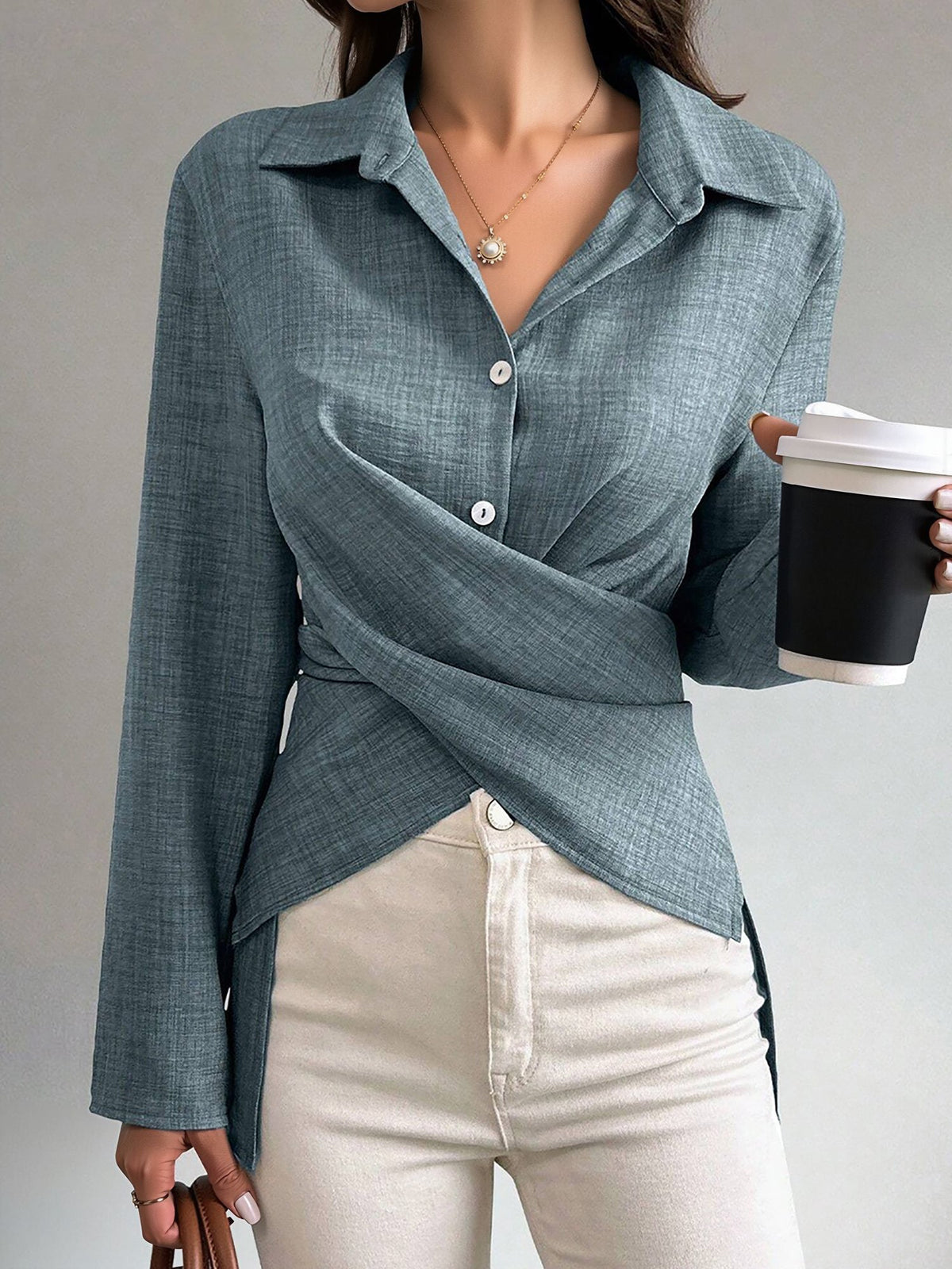Long Sleeves Slit Criss Crioss Lace-Up Blouse