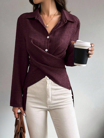 Long Sleeves Slit Criss Crioss Lace-Up Blouse