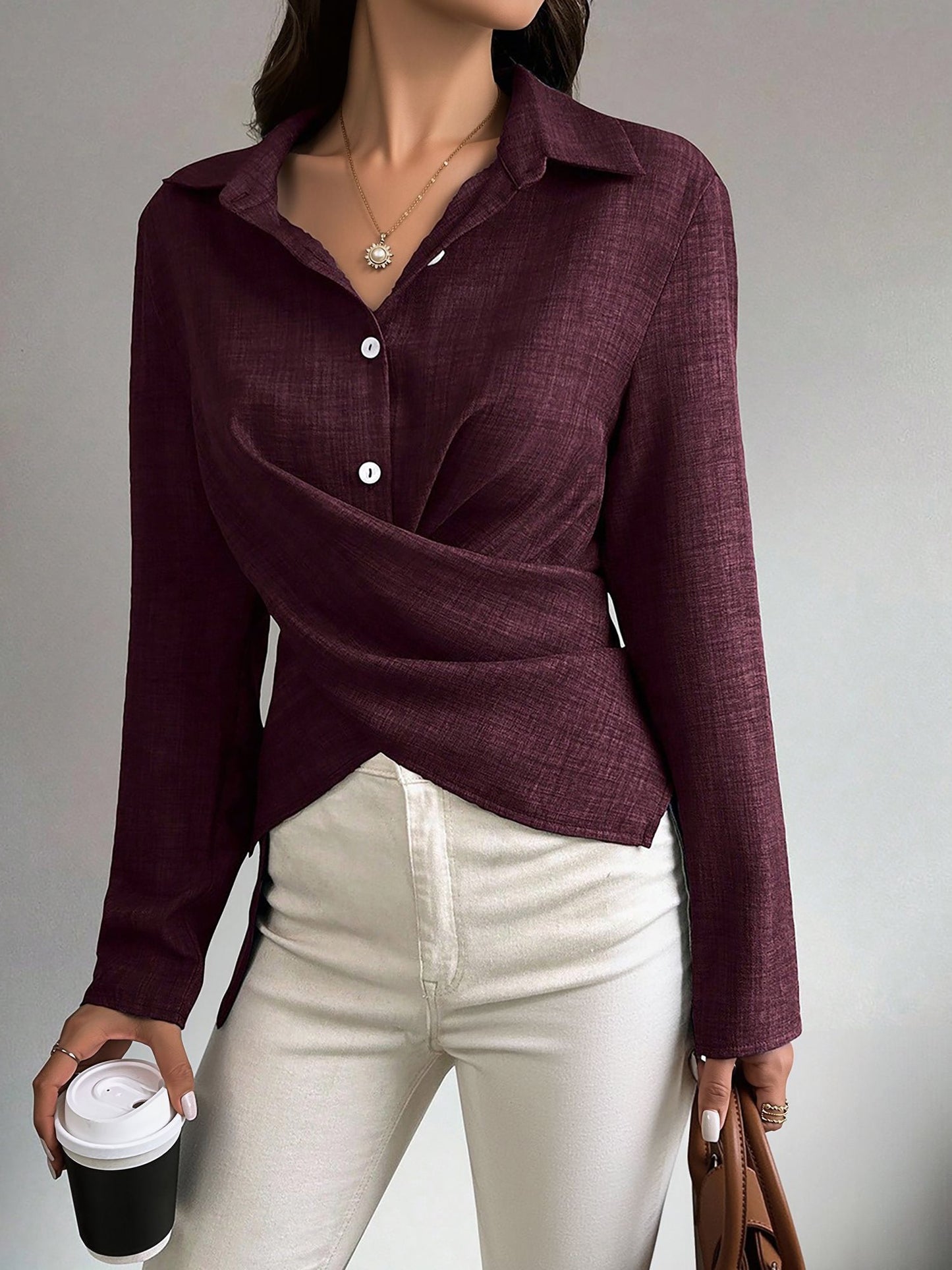 Long Sleeves Slit Criss Crioss Lace-Up Blouse