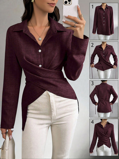 Long Sleeves Slit Criss Crioss Lace-Up Blouse