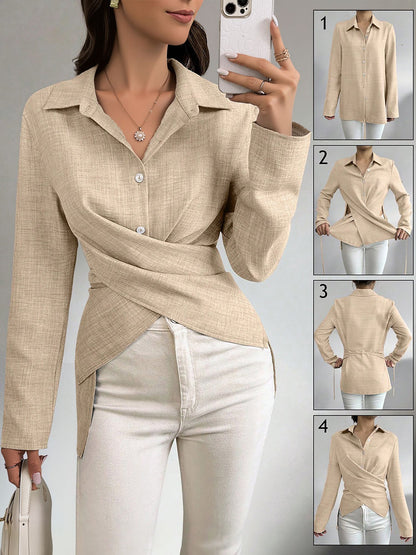 Long Sleeves Slit Criss Crioss Lace-Up Blouse