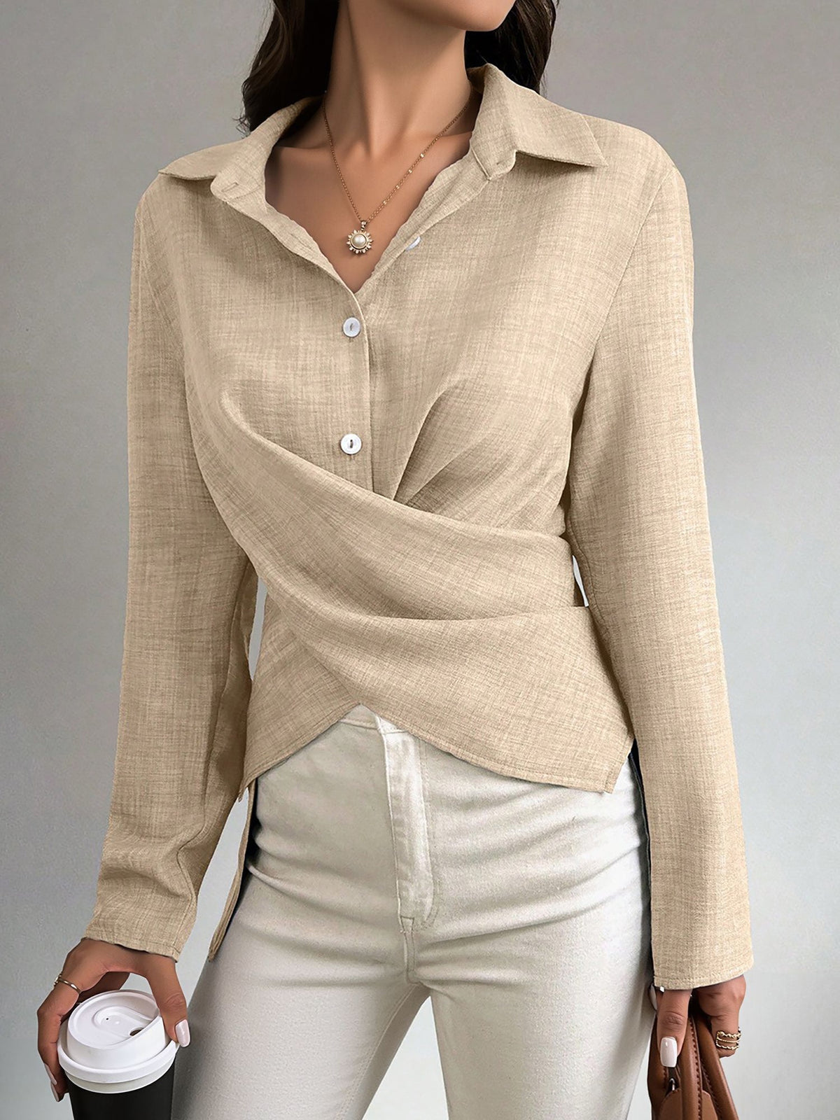 Long Sleeves Slit Criss Crioss Lace-Up Blouse
