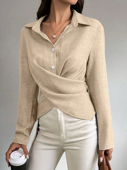 Long Sleeves Slit Criss Crioss Lace-Up Blouse