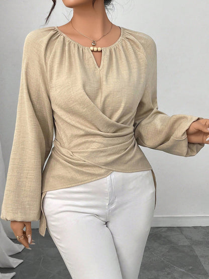 Round Neck Long Sleeves Criss Cross Lace-Up Blouse