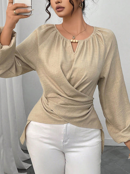 Round Neck Long Sleeves Criss Cross Lace-Up Blouse