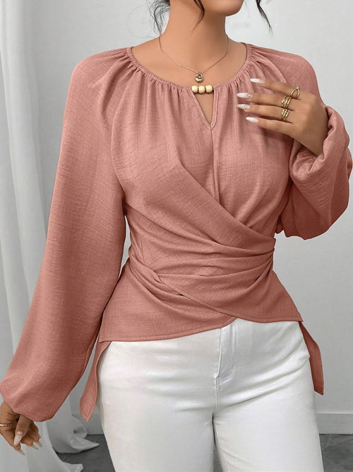 Round Neck Long Sleeves Criss Cross Lace-Up Blouse