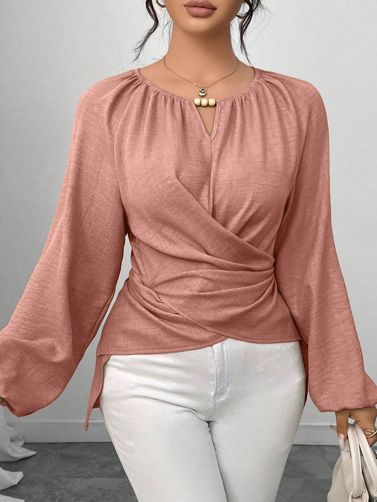 Round Neck Long Sleeves Criss Cross Lace-Up Blouse