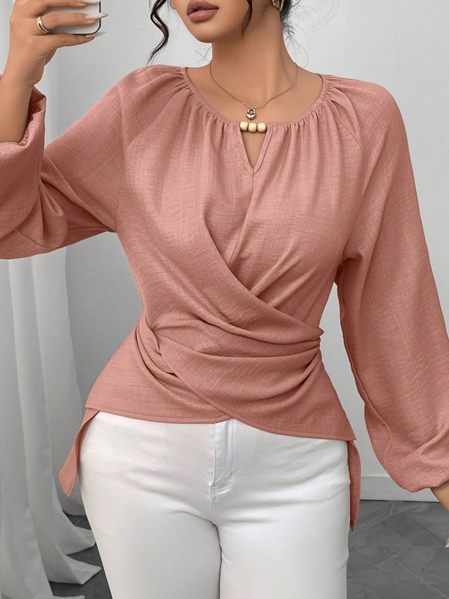 Round Neck Long Sleeves Criss Cross Lace-Up Blouse