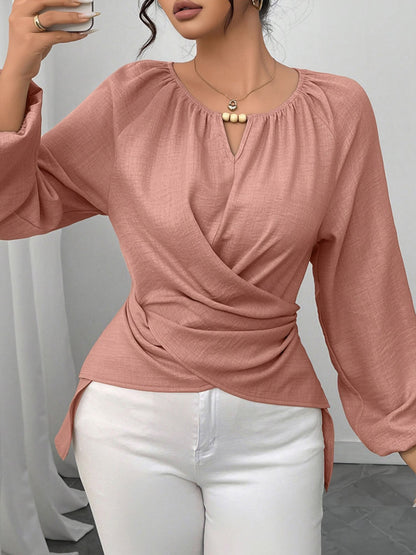 Round Neck Long Sleeves Criss Cross Lace-Up Blouse