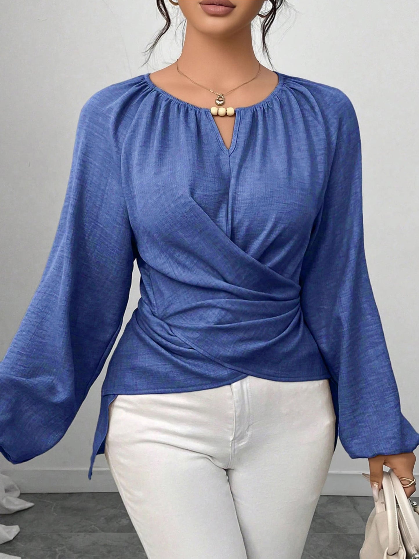 Round Neck Long Sleeves Criss Cross Lace-Up Blouse