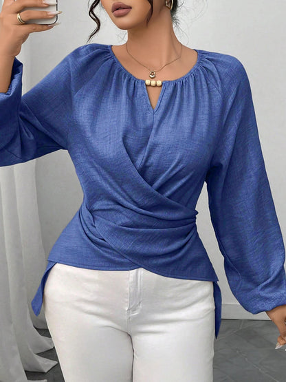 Round Neck Long Sleeves Criss Cross Lace-Up Blouse
