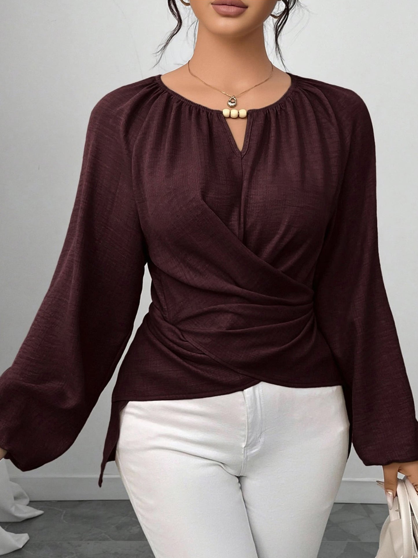Round Neck Long Sleeves Criss Cross Lace-Up Blouse