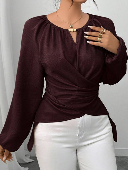 Round Neck Long Sleeves Criss Cross Lace-Up Blouse
