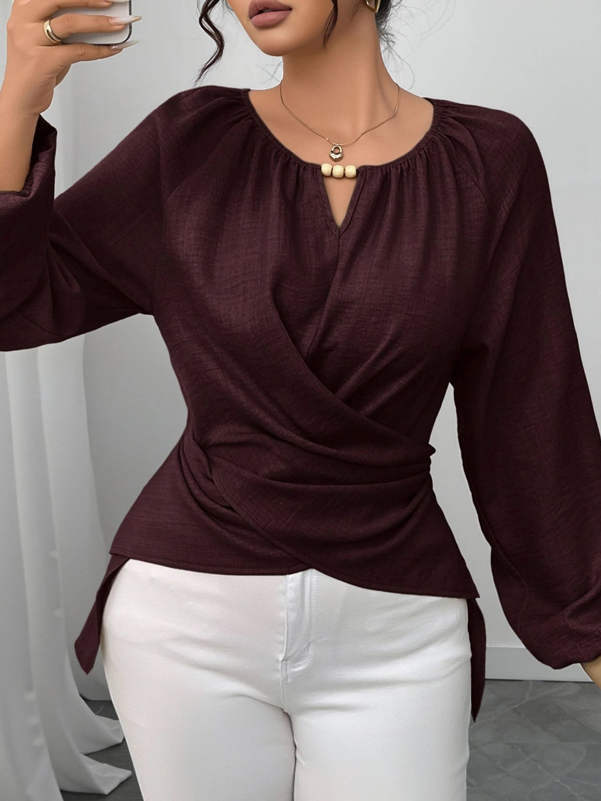 Round Neck Long Sleeves Criss Cross Lace-Up Blouse