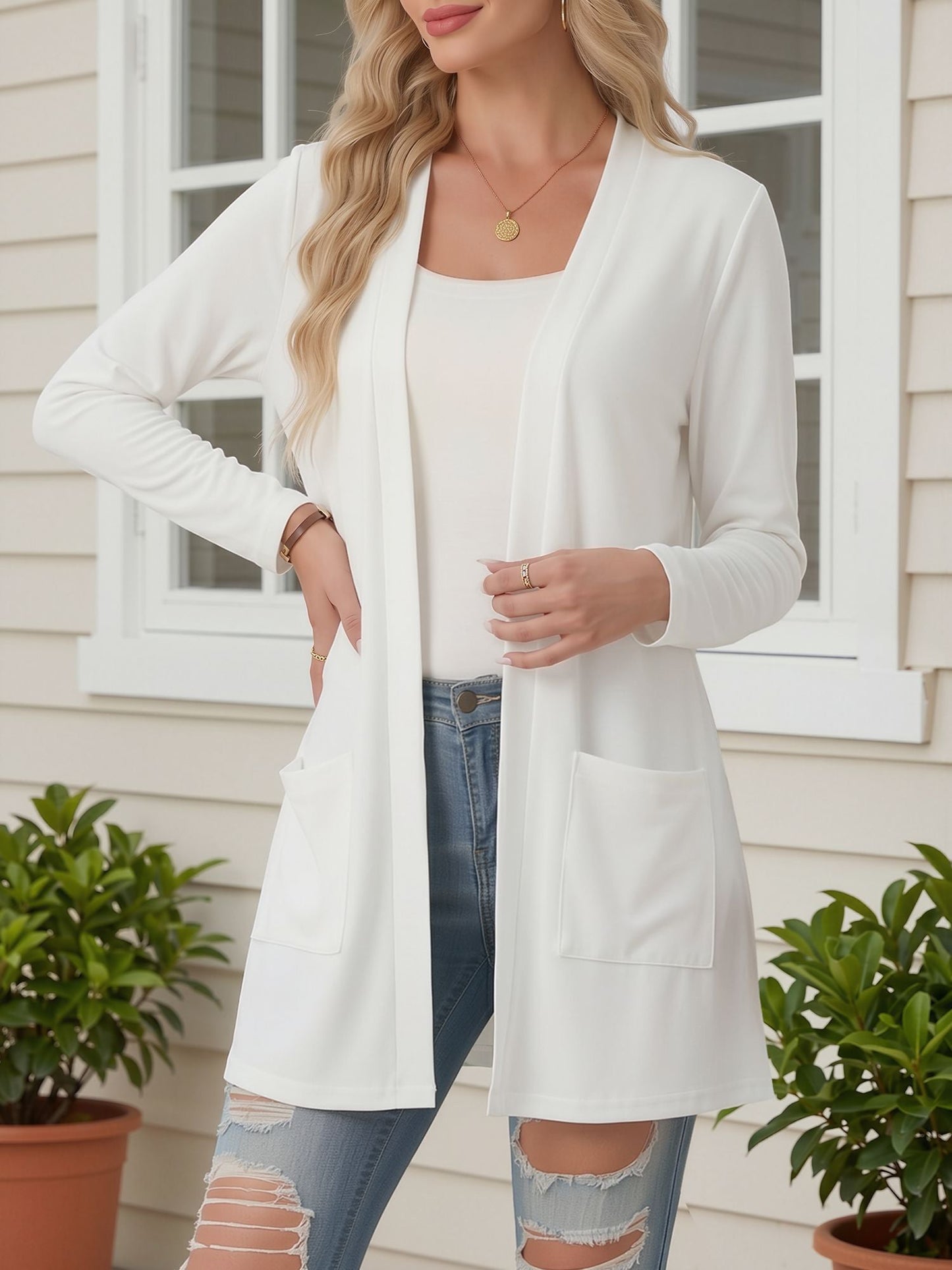 Open Front Long Sleeve Pockets Casual Jacket