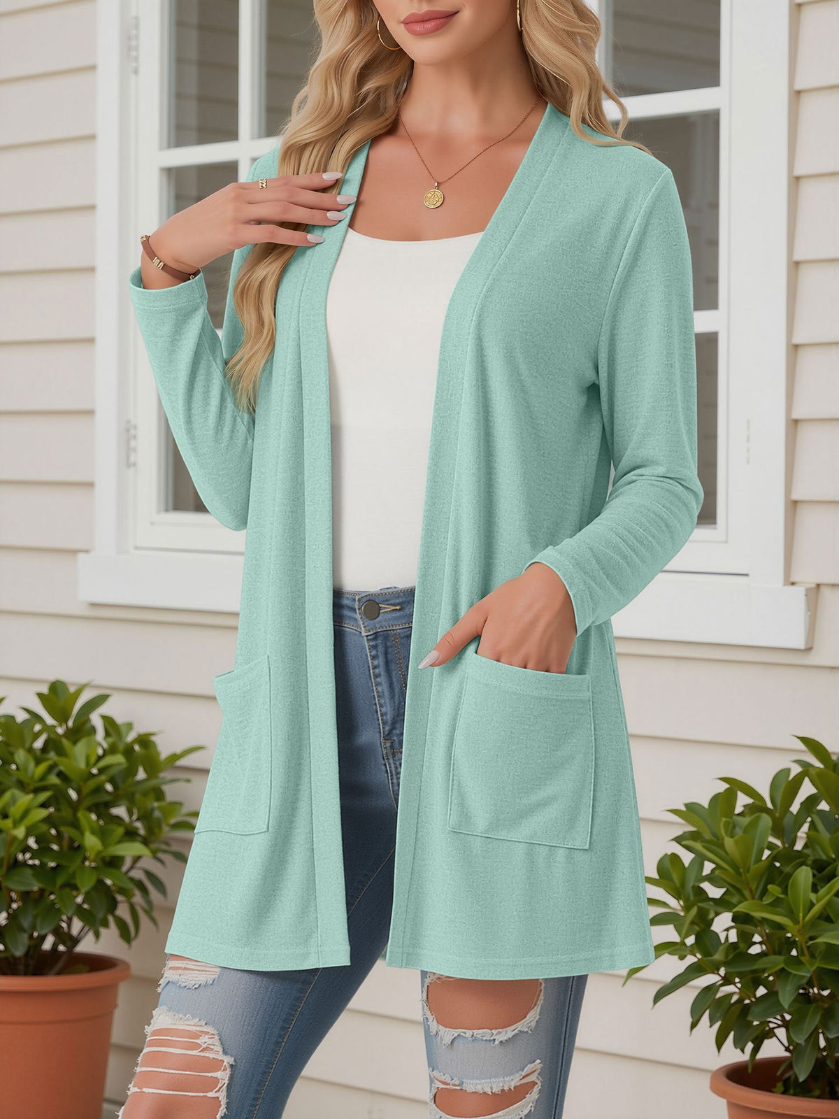 Open Front Long Sleeve Pockets Casual Jacket
