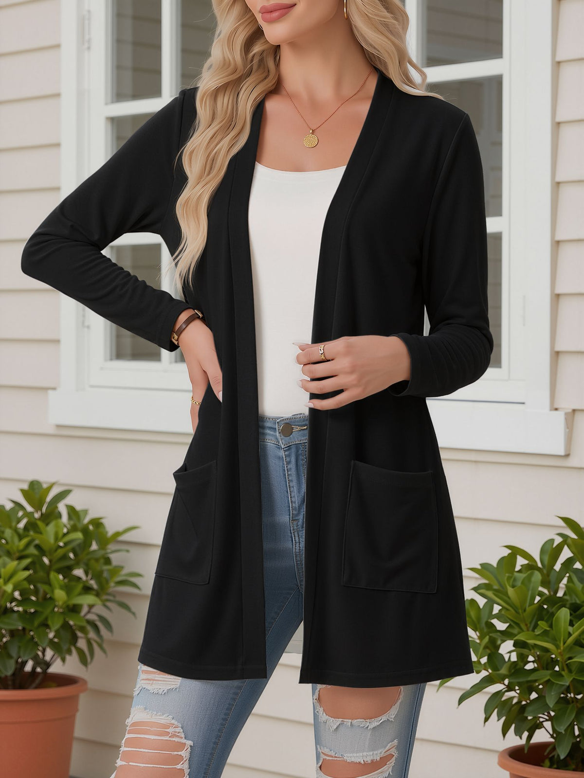 Open Front Long Sleeve Pockets Casual Jacket