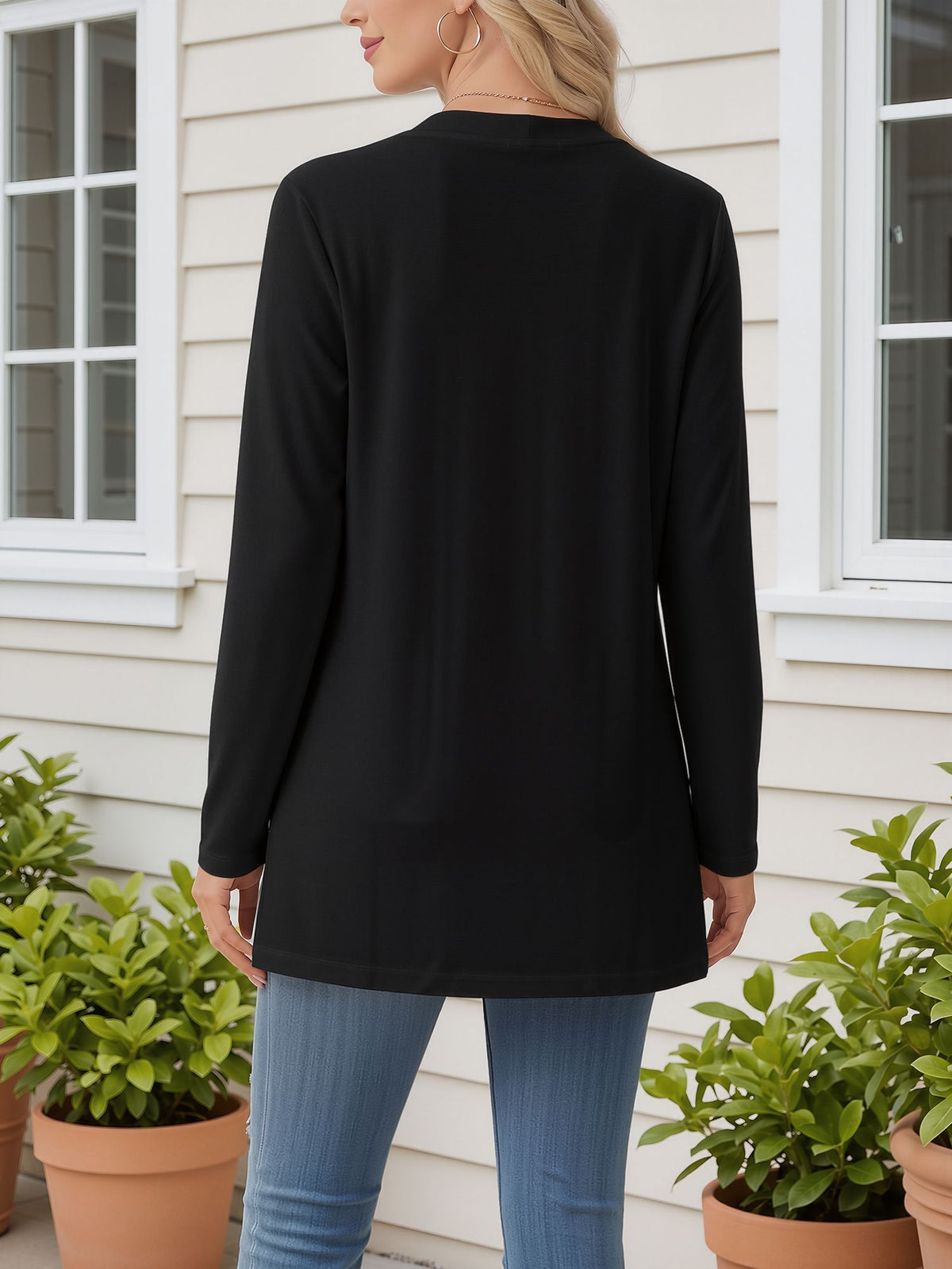 Open Front Long Sleeve Pockets Casual Jacket