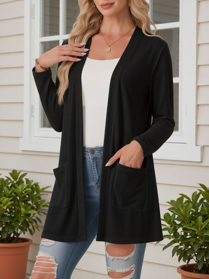 Open Front Long Sleeve Pockets Casual Jacket