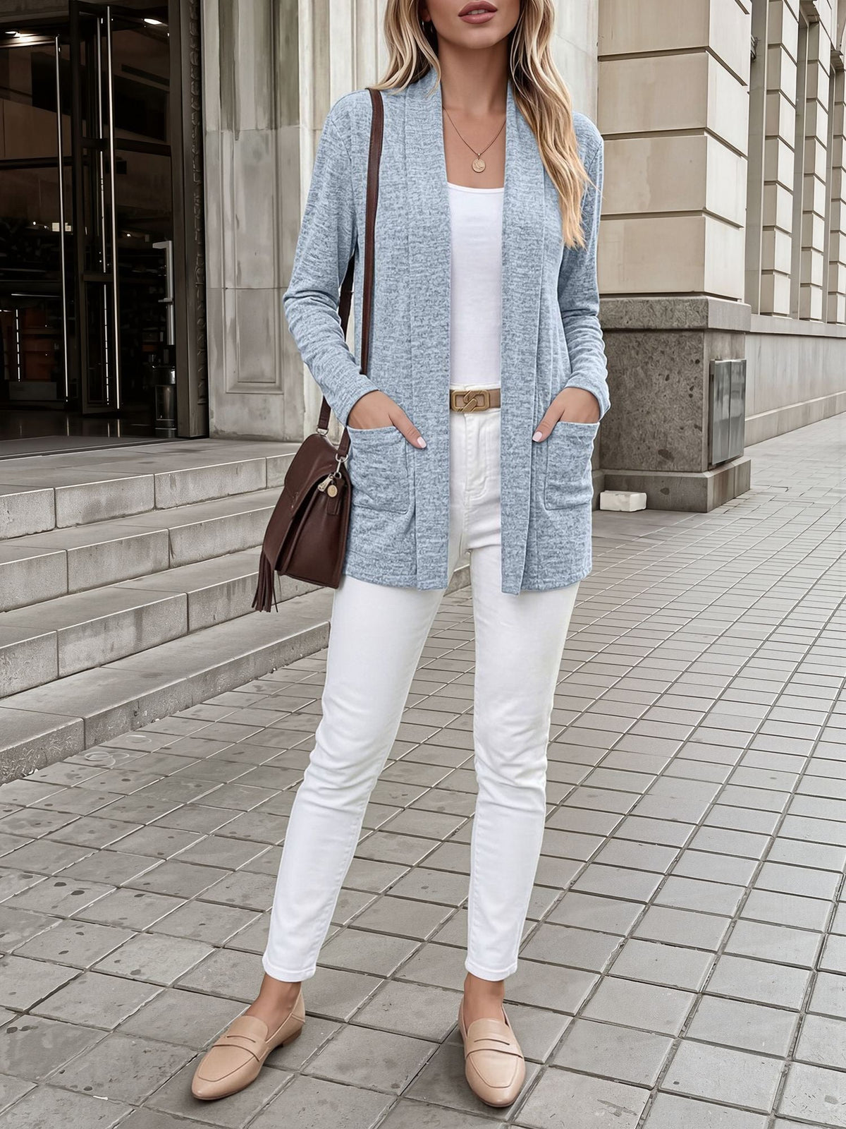 Casual Pocketed Long Sleeve Open Front Jacket