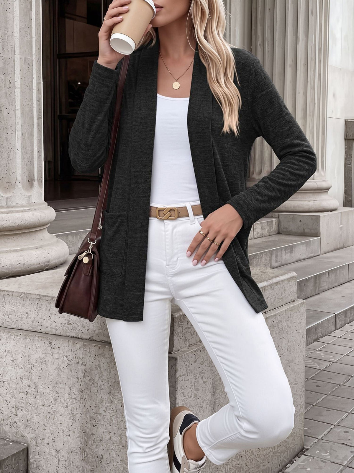 Casual Pocketed Long Sleeve Open Front Jacket